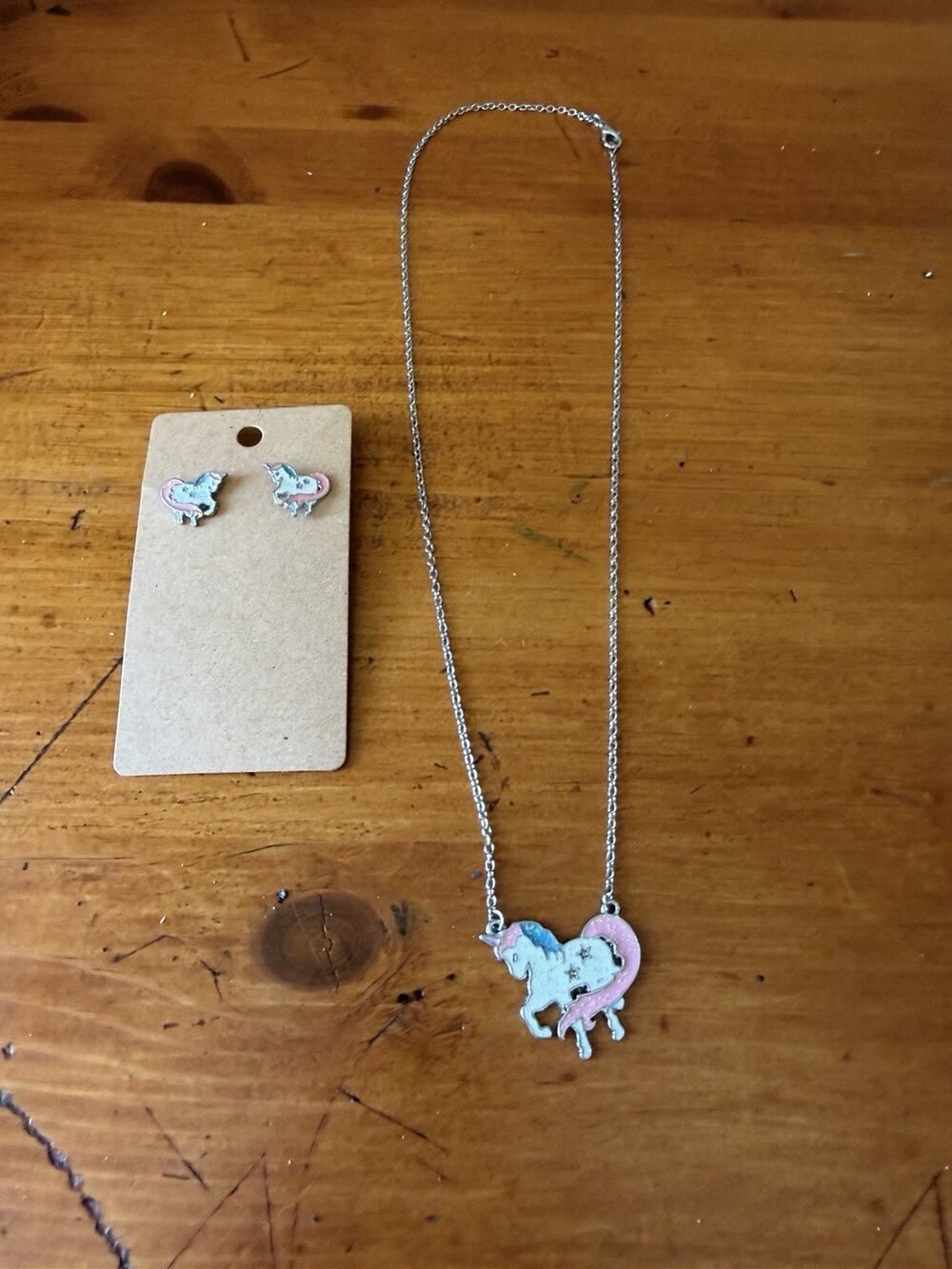 Cute Unicorn Necklace & Stud Earrings Set Pastel Enamel Girls Fantasy Jewelry
